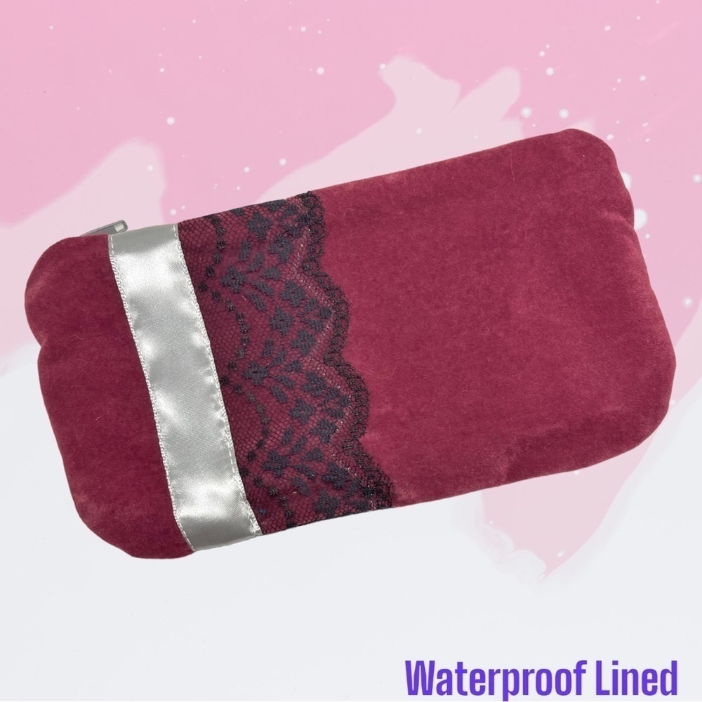 Waterproof Make Up Bag Maroon Velvet W/ Lace